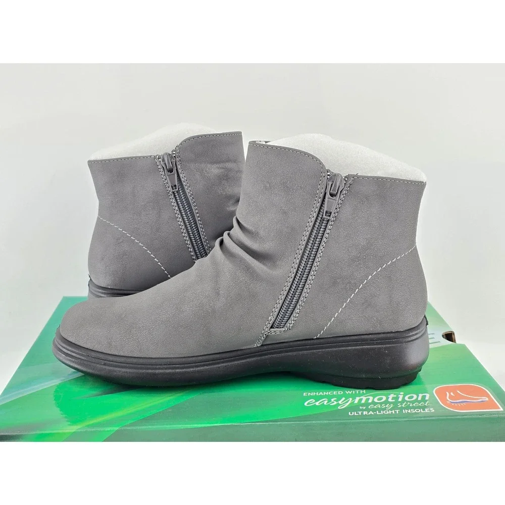 Easy Street Lyra Ankle Boots Women 5.5 Grey Matte Ruched Side Zip - New